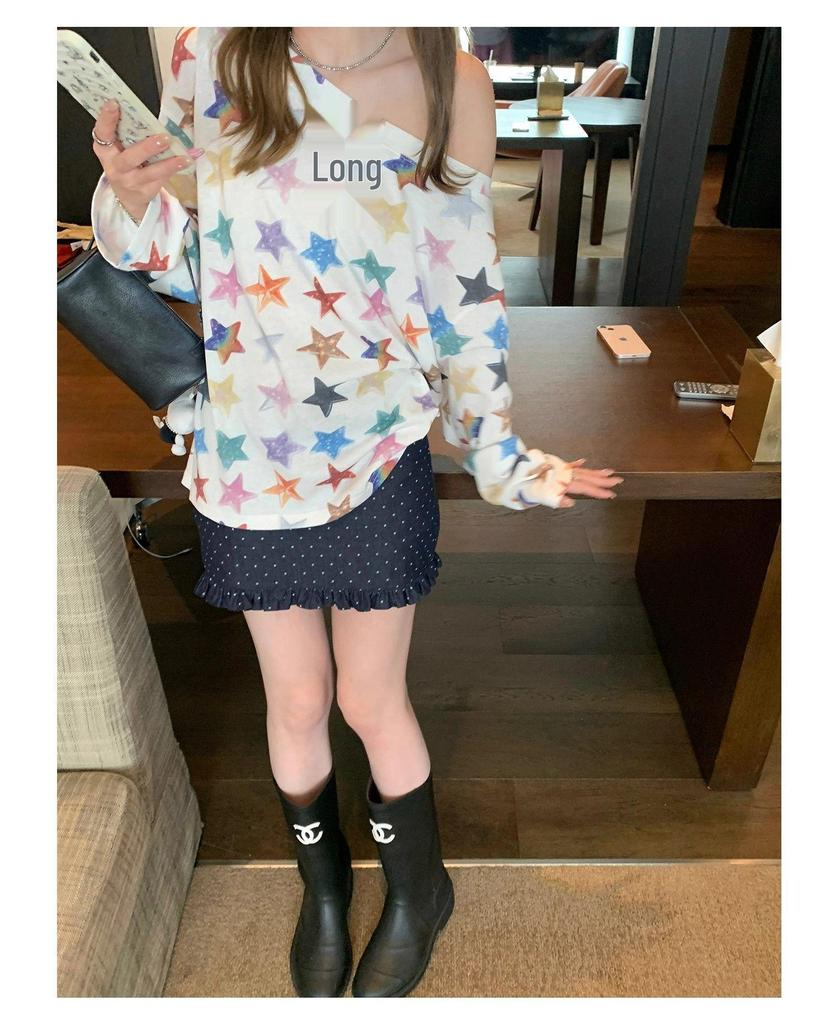 Chic Women's One-Shoulder Star Print Long Sleeve Tee for Fall 2025 - Lightweight Sun Protection Cover-Up