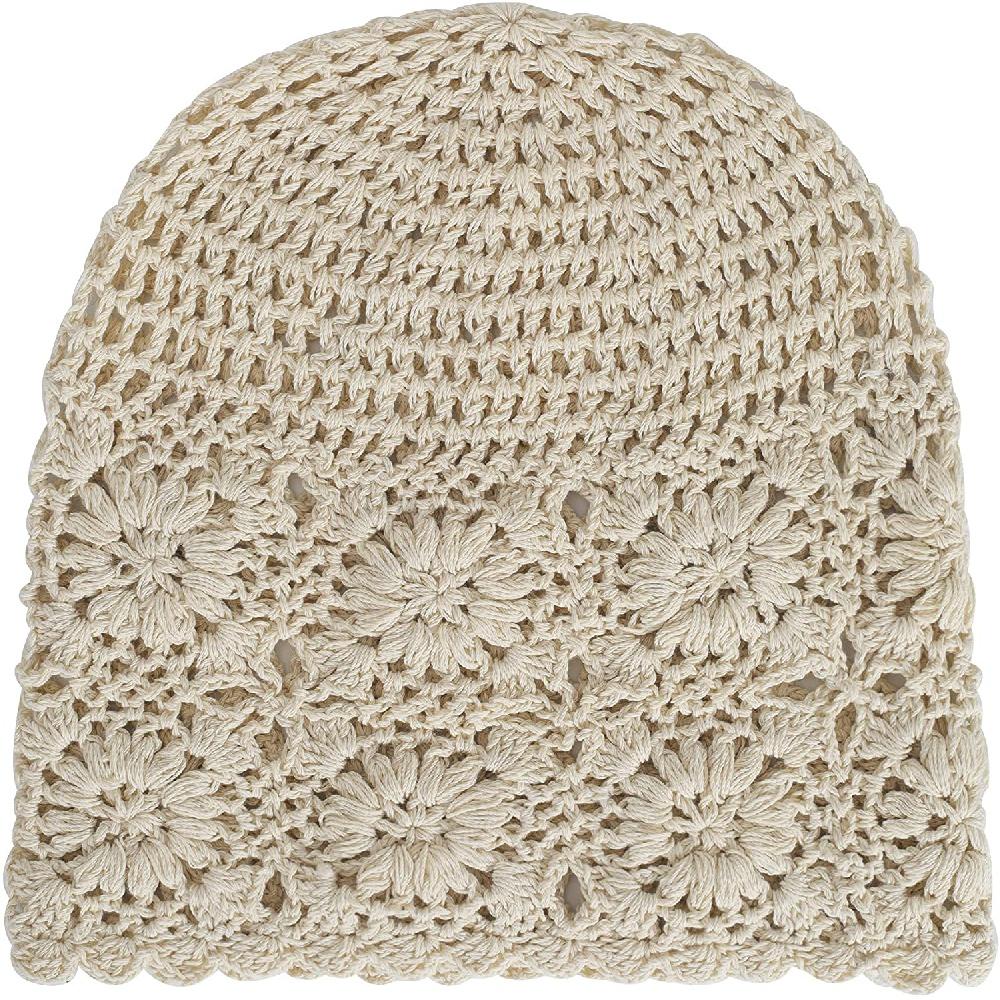 Damen-Mütze aus Baumwolle, gehäkelt, Slouchy, handgemachte Strickmütze mit Ausschnitt, Sommer-Blumen-Totenkopf-Mütze
