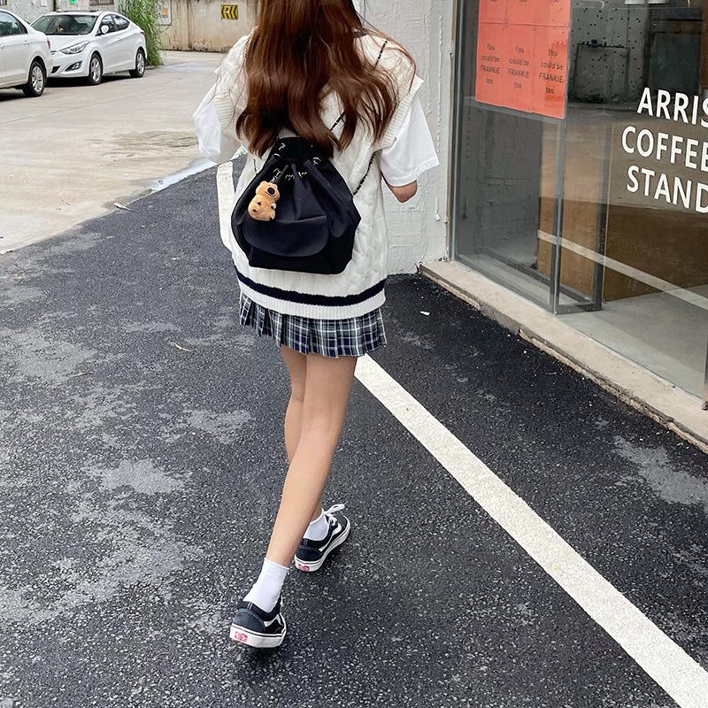 Simple Casual Silk Cloth Black Chain Bucket Bag Korean Style Drawstring Tie Port Da Capacity Commuting Backpack for Women
