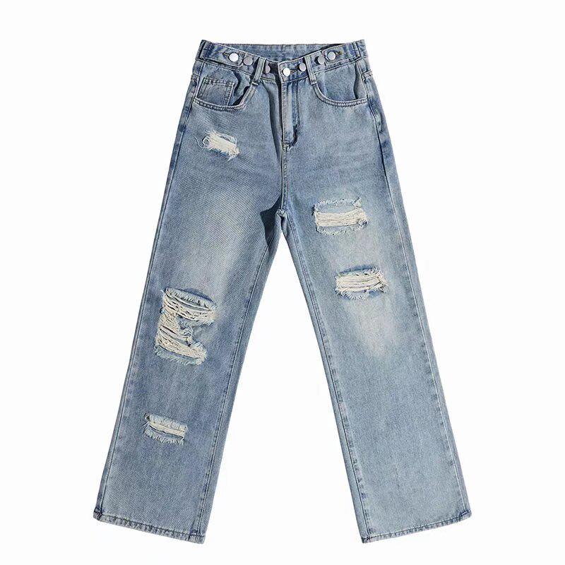 Women's Slimming High Waist Ripped Jeans - Summer 2024 Collection, Thin & Loose Wide-Leg Straight Pants, Small Sizes.