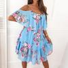Women's Sling Dress Beach Summer Chiffon Floral Print Off Shoulder Mid Length Casual Dress Elegant Ladies Sweet Dress