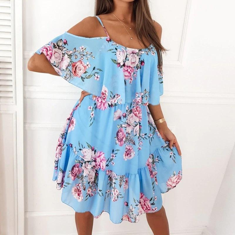 Women's Sling Dress Beach Summer Chiffon Floral Print Off Shoulder Mid Length Casual Dress Elegant Ladies Sweet Dress