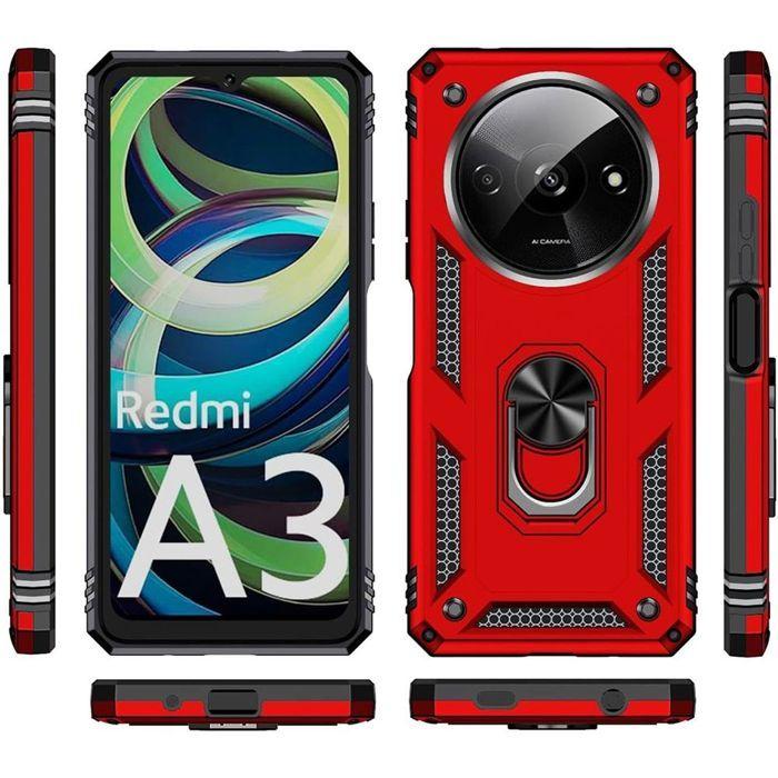 Coque de protection - E.F.CONNECTION - pour Xiaomi Redmi A3 - Antichoc - Anneau rotatif - Rouge