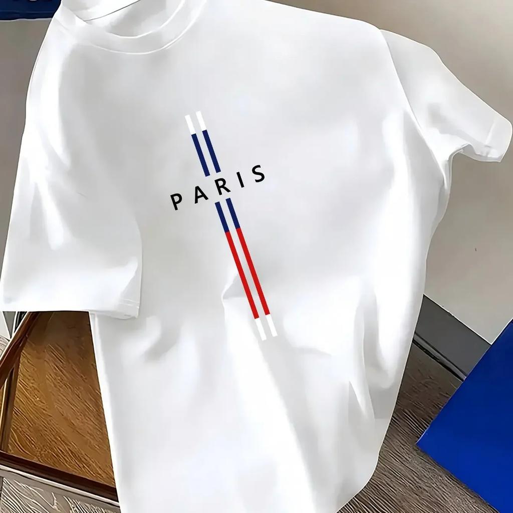 Summer men's 100% cotton casual, fashionable and loose Parisian English letter printed short-sleeved top