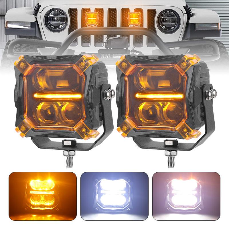 3 inch Car LED Work Light+Wire Harness White Amber DRL Spotlight Bumper Fog Light Pods For Toyota Tacoma Tundra 4Runner 4WD SUV Neon Lights 4