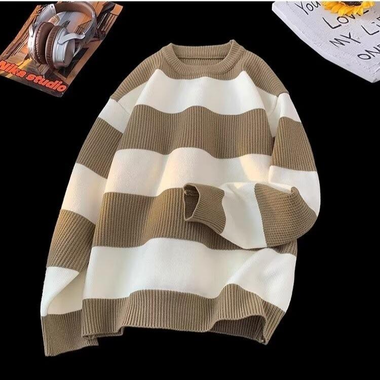 2025 Casual Color Block Striped Knit Sweater - Autumn Winter Unisex Round Neck Warm Top
