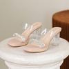 Fashion Summer New Line with High Heels Slippers Waterproof Table Crystal Thick Heels Medium Heels Small Size Transparent Sandals Woman
