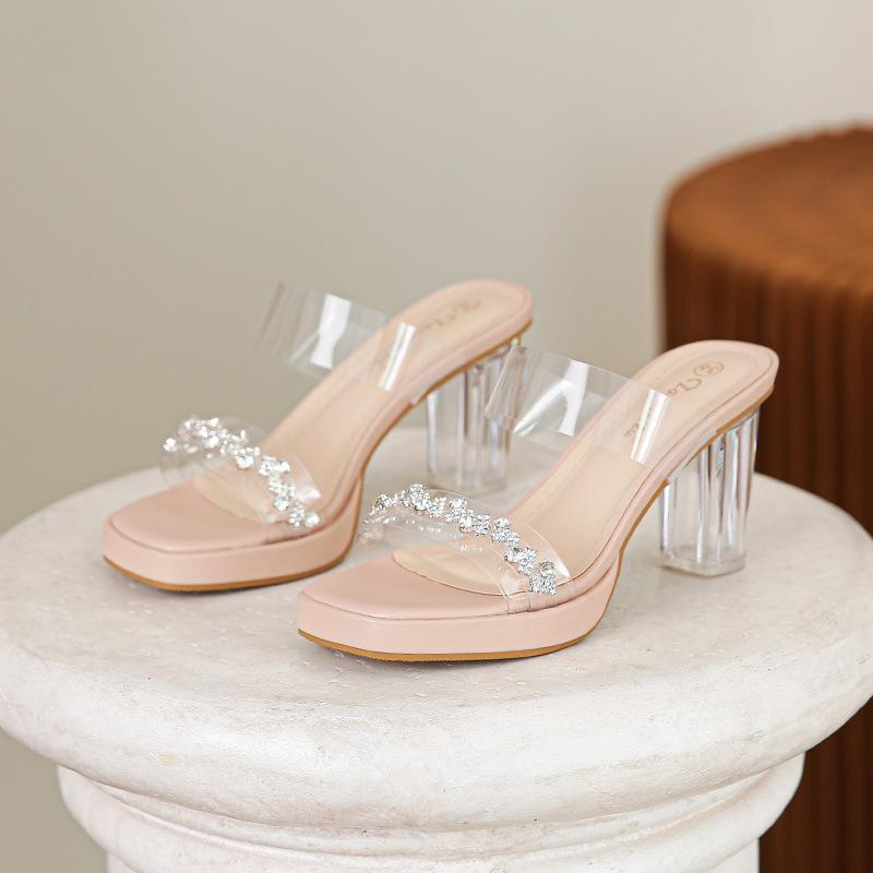 Fashion Summer New Line with High Heels Slippers Waterproof Table Crystal Thick Heels Medium Heels Small Size Transparent Sandals Woman