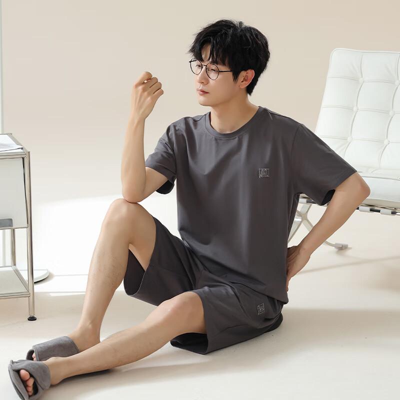 LangSha Men's Pajamas, Ice Silk Cool-Feeling, Plus Size up to 300 Jin, Casual Simple Round Neck Short Sleeve Loungewear Set