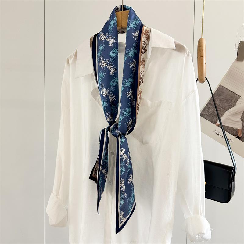 Silk Scarf Women's Blue Pony Carriage Temperament Mulberry Silk Silk Scarf Thin, Narrow and Long Double-sided Scarf Streamer