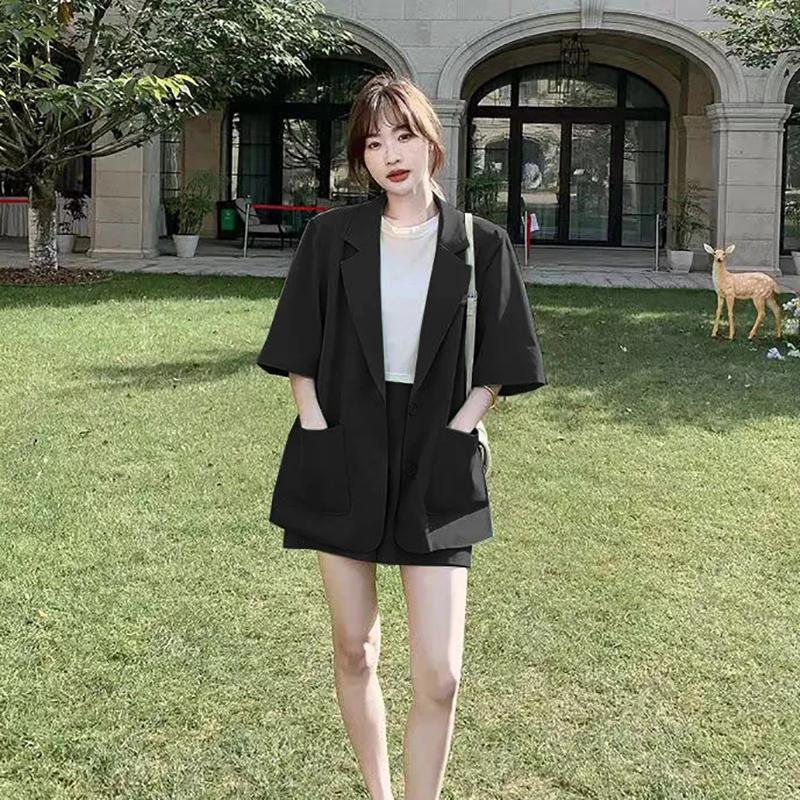 

Женские комплекты с шортами, летние свободные одинаковые комплекты, женские однобортные верхние пальто с короткими рукавами + широкие шорты, комплекты из двух предметов XL чёрный