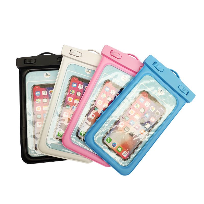 Inflatable Waterproof Phone Pouch with Touchscreen Access and Neck Strap for Diving and Swimming.