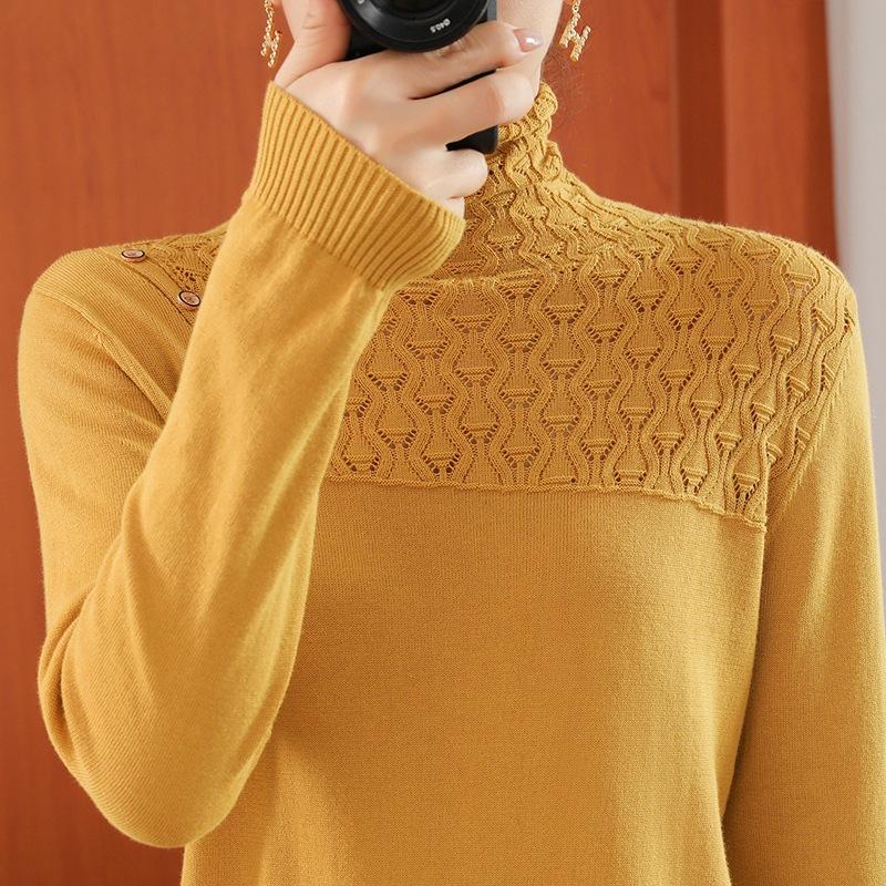 Duplex Collar Cotton Thread Pullover Long-sleeved Sweater for Women In Spring and Autumn New Hook Flower Hollow Inner Base Top