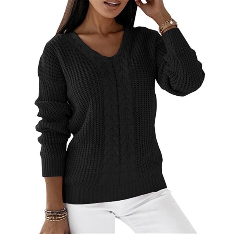 European & American Women's V-Neck Cable Knit Sweater - Long Sleeve Solid Color Casual Pullover Top