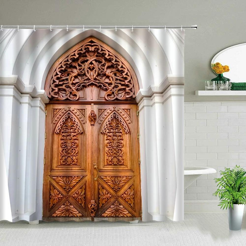 

Moroccan Yellow Antique Arched Doors Shower Curtains Old Vintage Wooden Door Bathroom Waterproof Fabric Bath Curtain With Hooks W60H190(CM)-1 Pcs