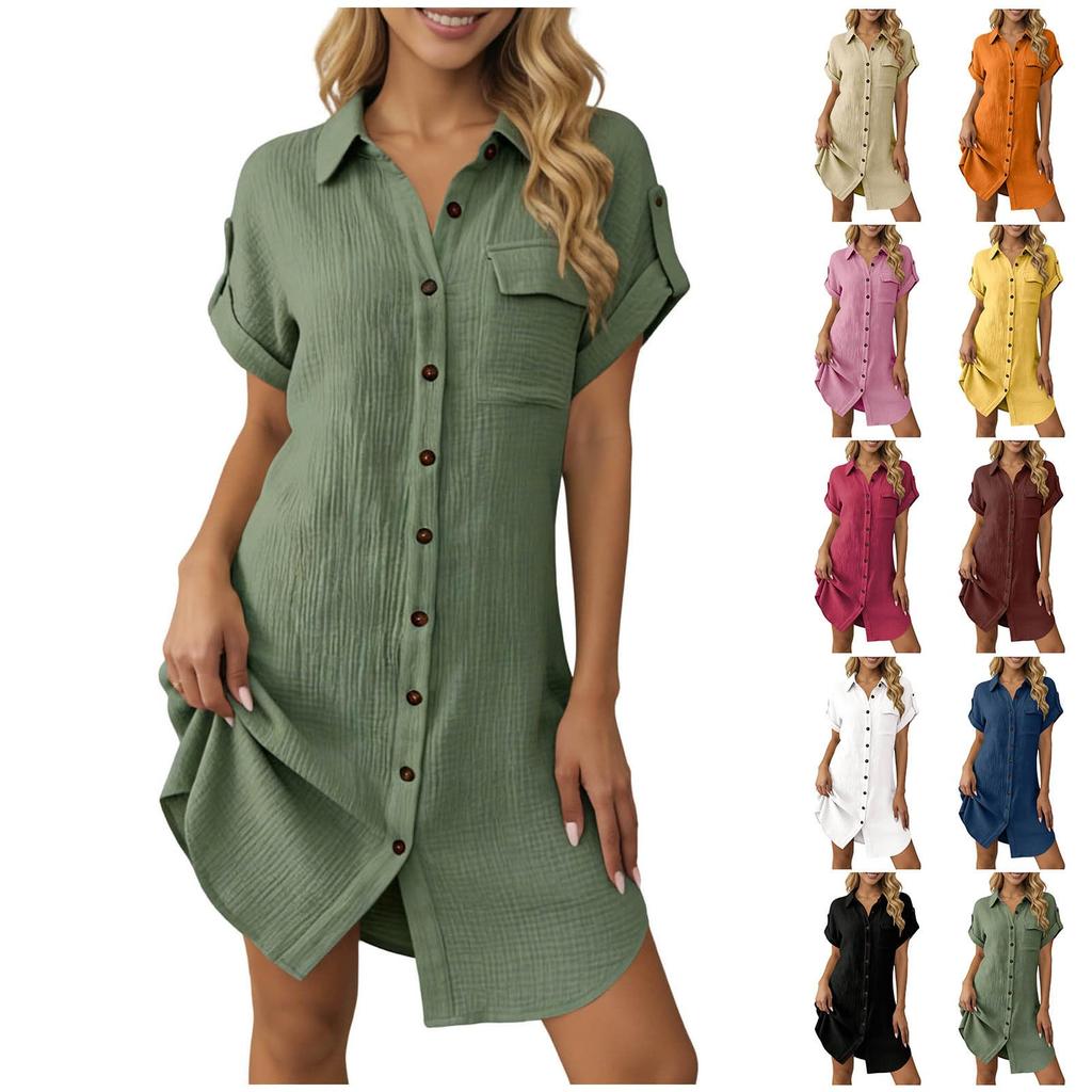 Women Button Down Shirt Dress Short Sleeve Collared Casual Loose Fit Summer Tunic Dress with Pocket and Rolled Cuffs
