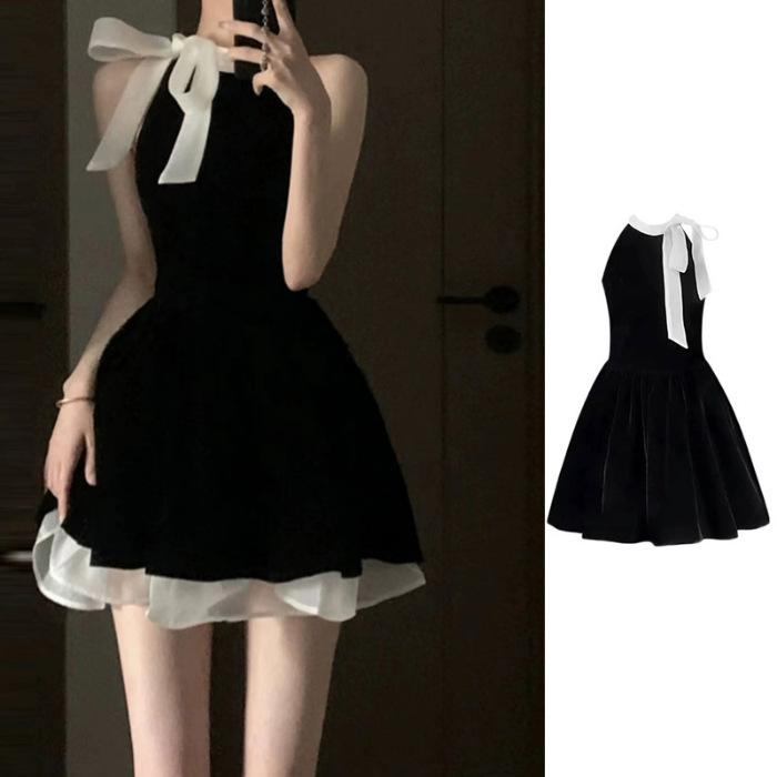 

French sweet and spicy temperament high waist and thin bow sleeveless neck dress women s small black short skirt summer XL чорний