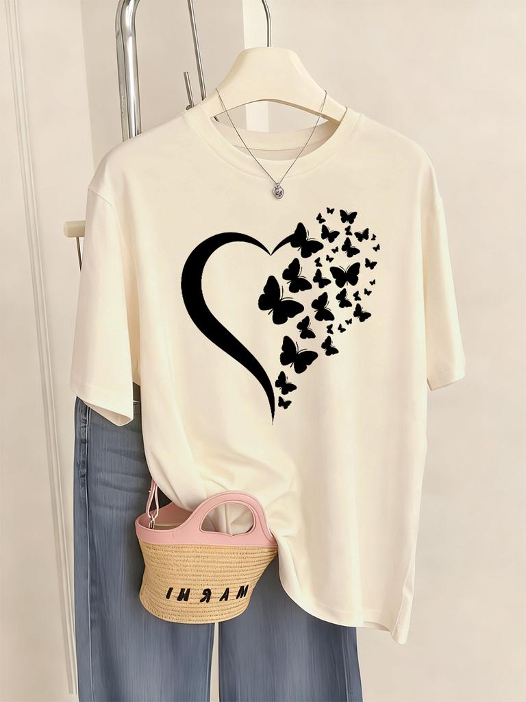 Butterfly Heart Printed T-Shirts Womens Casual Loose T Shirts O-Neck Soft Short Sleeve Tops Summer Comfortable Woman Clothes