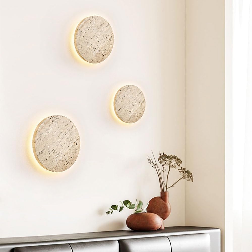 Modern Round Travertine Wall Sconce, Natural Stone Wall Light Fixture, LED Wall Lamp with Warm White Glow, Indoor Wall Lighting for Bedroom, Living