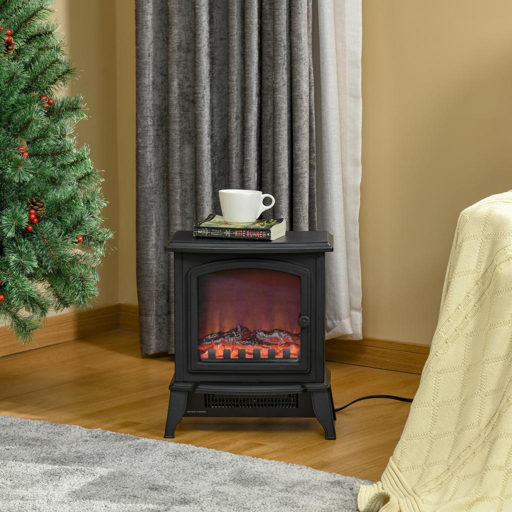 Freestanding Electric Fireplace, Flame Effect, 2 Heating Modes 1000W/2000W, Tempered Glass, Black, 36.5x24x45.5 Cm