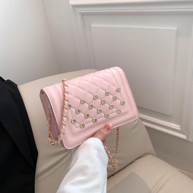 

Маленька жіноча сумка 2024, нова мода на ланцюжку, інкрустована діамантами, маленька квадратна сумка, повсякденна проста легка розкішна сумка через плече рожевий