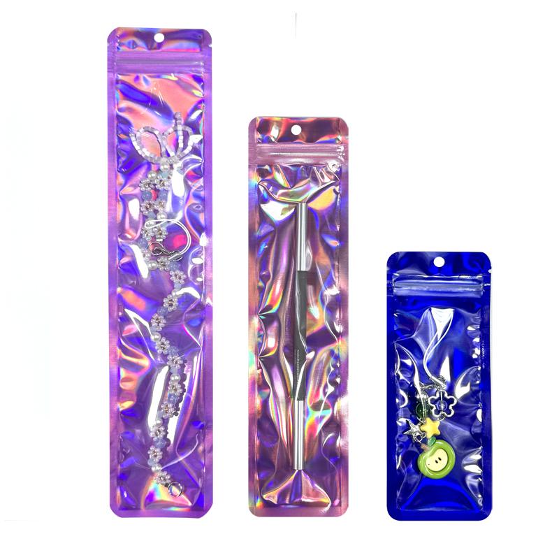 Holographic Zipper Bags Long Resealable Shine Pouches for Jewelry, Crafts, Snacks, Spoons Food Grade Packaging 100 PCS