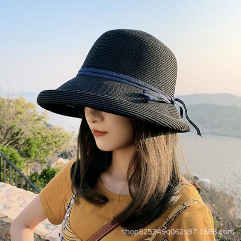 Sunscreen straw hat women's summer foldable beach hat women's seaside vacation sunshade bucket hat bow basin hat