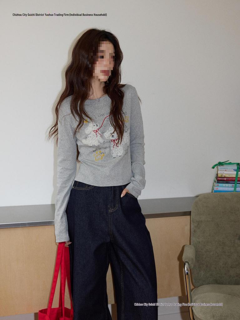 Women's Korean Style Gray Puppy Embroidered Slim Fit Crew Neck T-Shirt, Autumn 2025, with Waist-Cinching Short Long Sleeves