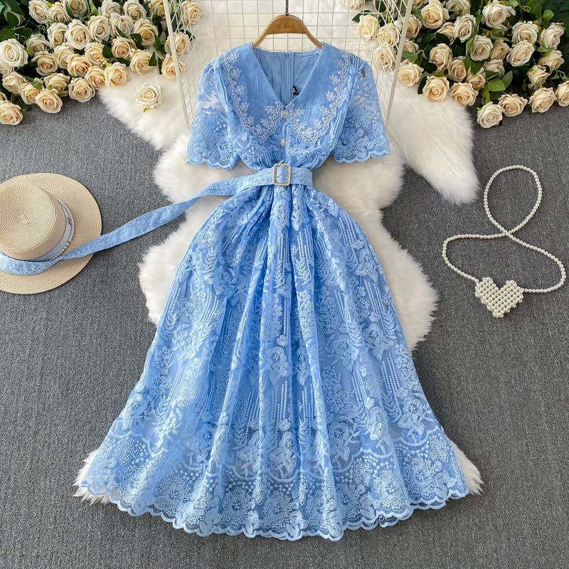 High End Socialite Heavy Industry Lace V-neck Short Sleeve Formal Dress Dress Women Summer Lace-up Waist Hugging Slimming Princess Long Dress