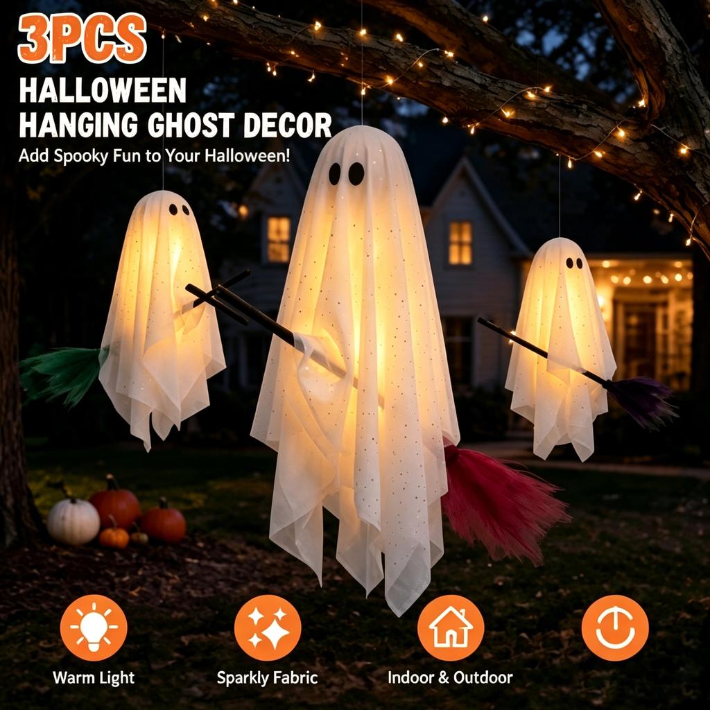 1Pcs Halloween Hanging Ghost Decor With Broom Warm Light Sheer Sparkly Fabric Ornament for Tree Porch Yard Indoor Outdoor Party