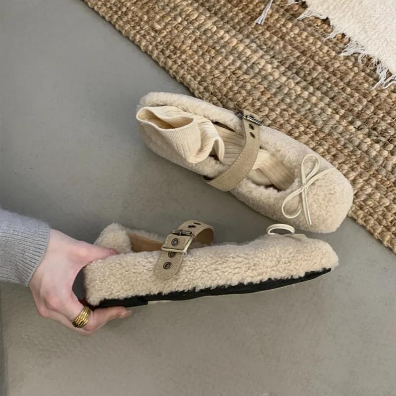 Fashion 2025 Spring Autumn Women Ballet Flat Shoes Fashion Shallow Slip On Ladies Fur Mary Jane Shoes Soft Outdoor Granny Shoes Women