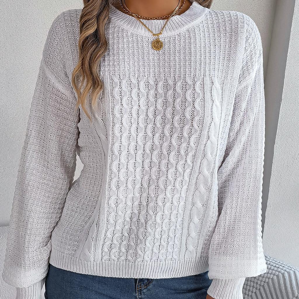 GMXIA Women's Fashion Casual Solid Color Autumn Winter Long Sleeve Round Neck Loose Twist Lantern Sleeve Pullover Sweater