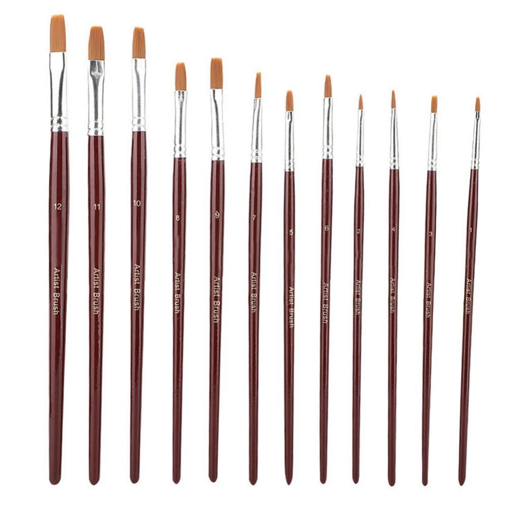 12PCS Round & Flat Head Paint Brush Set Wine Red Polished Handle Soft Nylon Fiber Watercolor Brushes Reinforced Connection