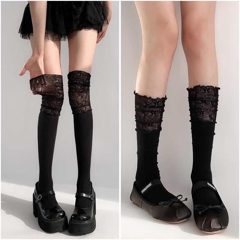 Women's White Calf Socks, Summer Thin Lace, Long Ballet Style Over-the-Knee Black Socks, Perfect for Boots