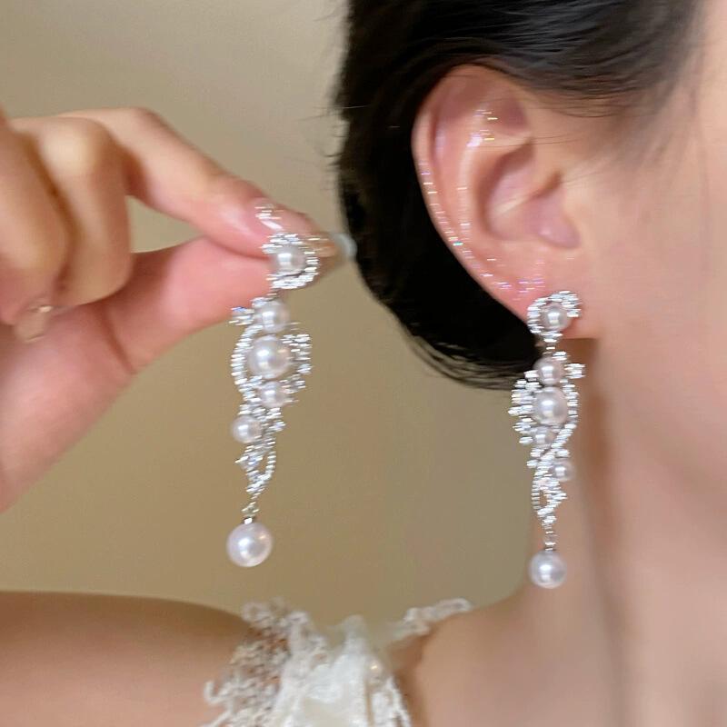 Zircon Pearl Fringed Earrings French Temperament Holiday Earrings Fashion Accessories