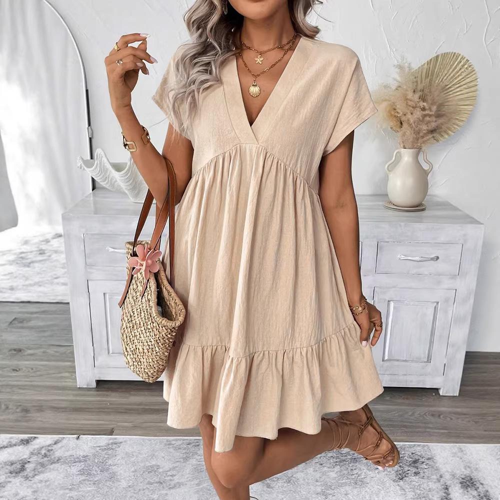 2026 European and American Women's V-neck Ruffle Hem Summer Dress