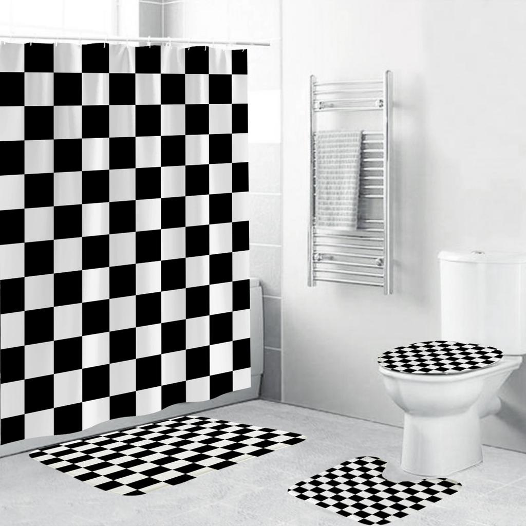 Black White Geometric Stereoscopic Fabric Shower Curtain Bathroom Curtains Set Anti-Skid Rugs Toilet Lid Cover Bath Mat Carpet