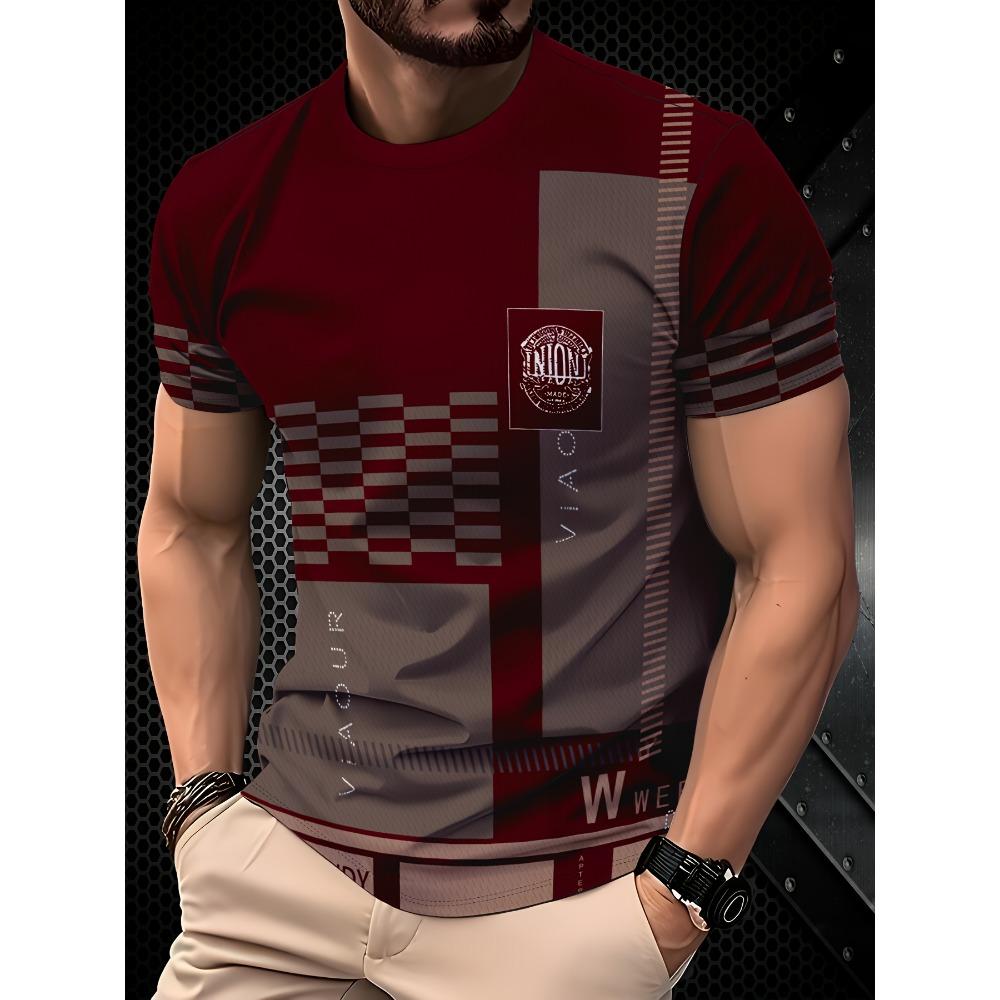 

Мужская темно-синяя коричневая клетчатая футболка с коротким рукавом, логотип Union, повседневная, круглый вырез, сезонная, удобная, обычная посадка, повседневная одежда, клетчатый узор 6XL