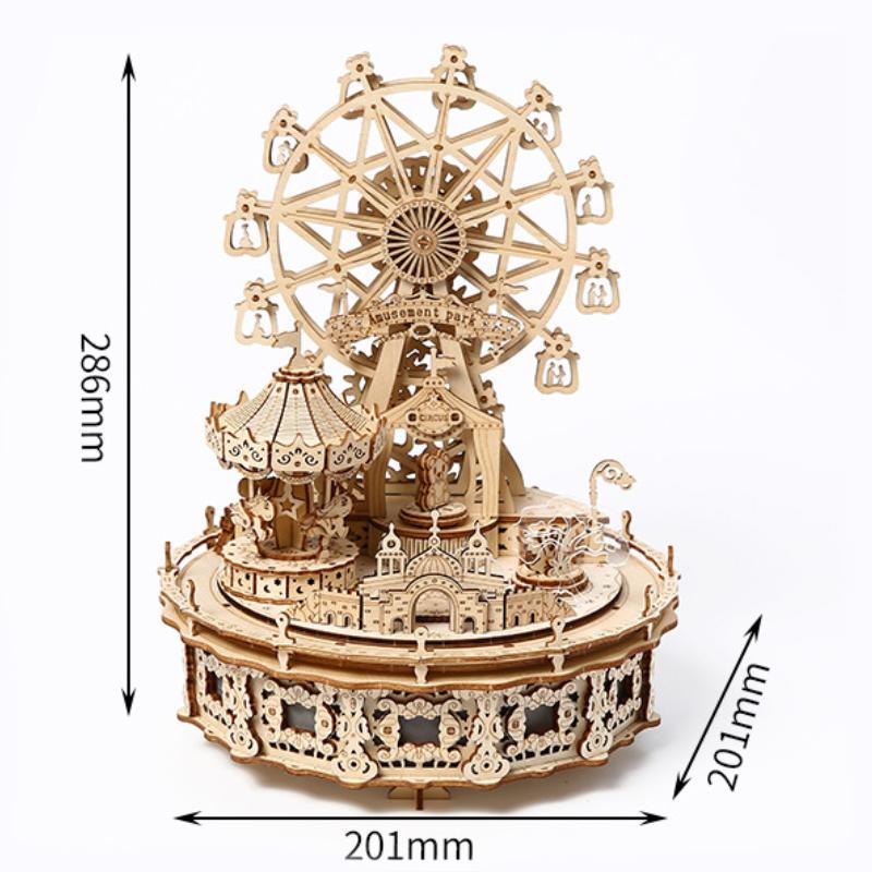 3D Wooden Puzzle Dream Amusement Park Led Rotatable Ferris Wheel Music Octave Box DIY Assembly Model Kit Toy Gift for Kids Adult