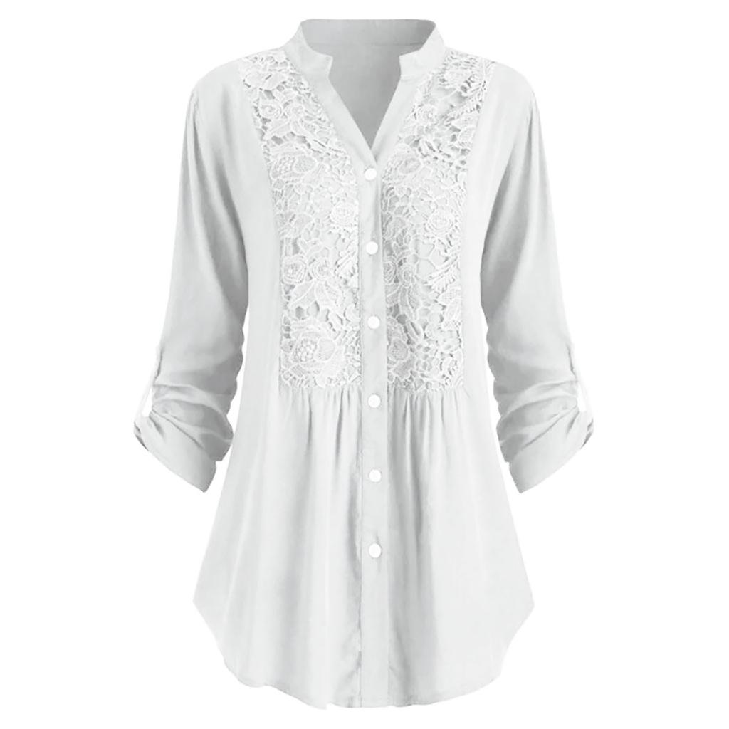 Camicia a maniche lunghe con scollo a V e bottoni in pizzo, comoda e casual, da donna, taglie forti
