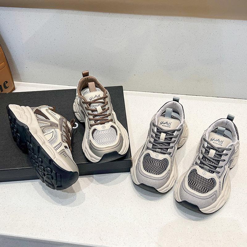 2024 Winter Women's Shoes Warm and Velvet Leather Dad Shoes Heightened Platform and Cotton Sports and Leisure Shoes Mesh Single Shoes