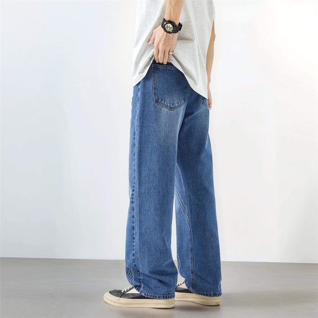Men's Heavy Embroidered Jeans Washed Distressed Straight Loose Wide-leg Pants