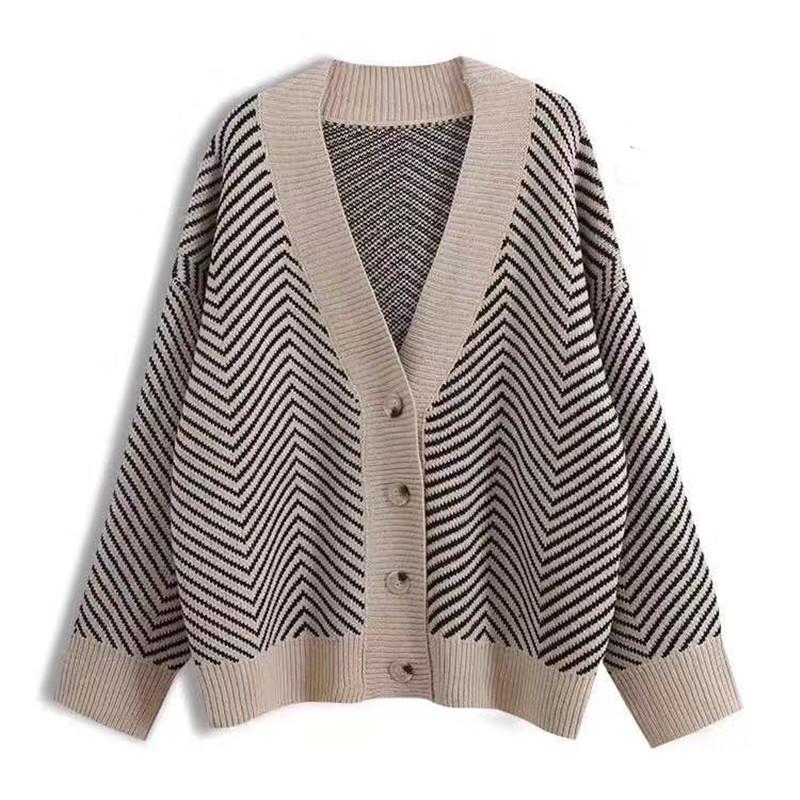 Chic Women's Korean Retro Striped Knit Cardigan - Lazy Style, Loose Fit, Versatile Outerwear for Autumn/Winter 2025.