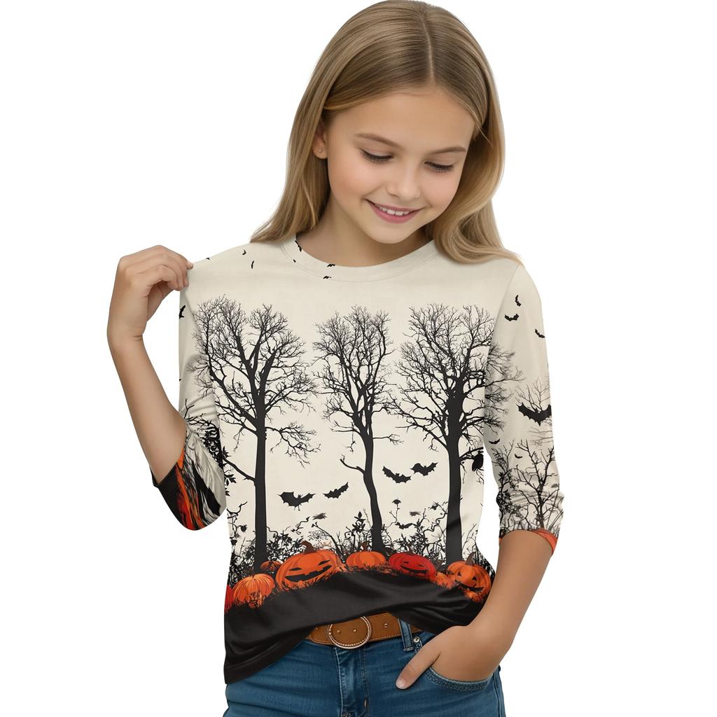 Kids Halloween Printed T-Shirt 3/4 Sleeve Round Neck Casual Top with Pumpkin Witch Design