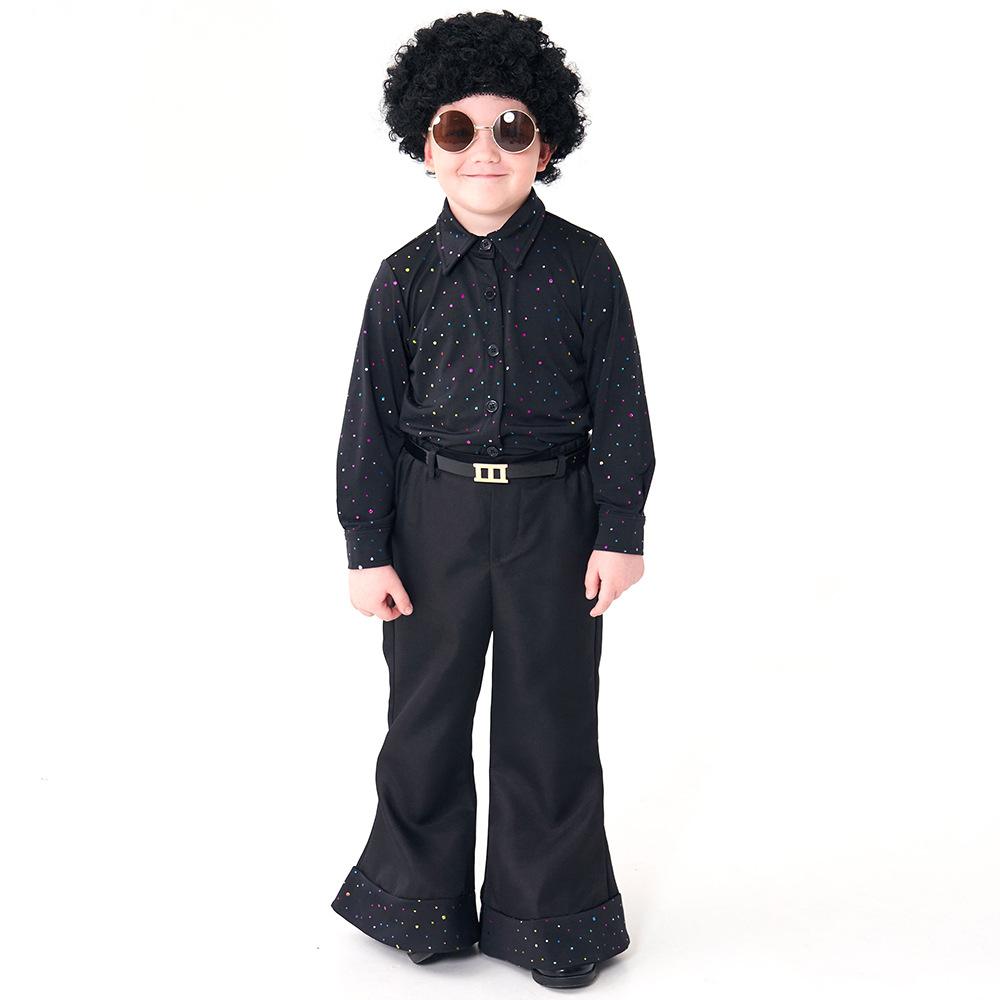 Kids Boys Retro 70s Disco Sequins Singer Model Show Top Pants Wig Set Children Halloween Cosplay Costumes Role Play Outfit