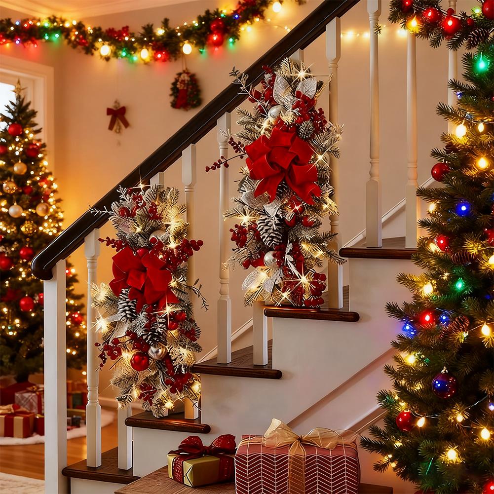Christmas Swags Staircase Decor Trees Garland for Stairs Christmas Garland with Lights with Red Bows Stairway Swag Door Decor