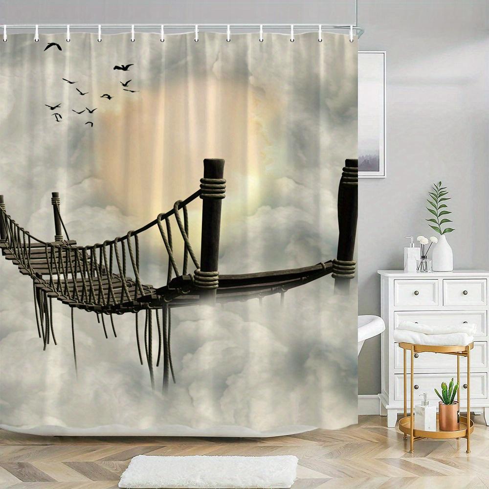 Dreamy Sunset Wooden Bridge Shower Curtain - Gradient Sky & Floral Design, Polyester with Hooks W90xH180cm