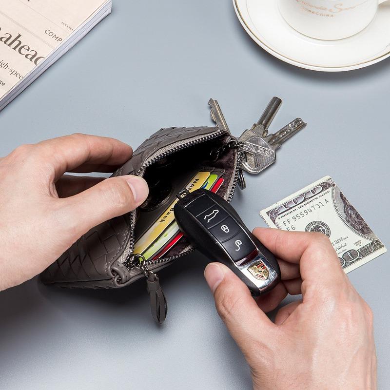 New leather short change bag, women's sheepskin woven small and ultra-thin small wallet, men's money bag storage bag, high-end sense