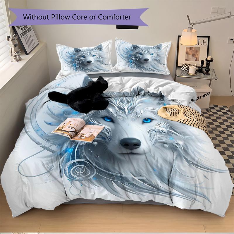 3pcs Enchanted Moonlit Wolf Design Print Bedding Set (1 Cover + 2 Pillowcases, Without Inserts), This Printed Bedding Set Is Soft and Comfortable