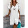 Mode Été Col en V Manches Courtes Chiffon Dentelle Épissage Robe Femme Décontractée Ample Blanche Ligne A Robe de Fête Vêtements Femme Doux Élégant